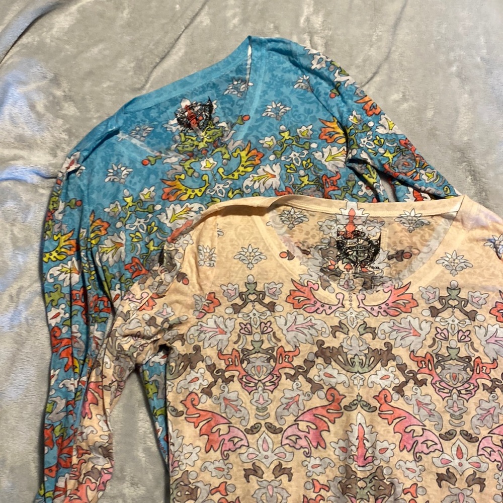 2 long sleeve, tattoo print, burnout, lightweight t-shirts